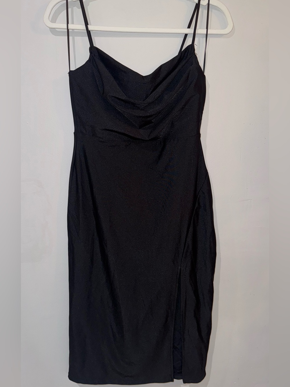 windsor cowl neck black satin dress